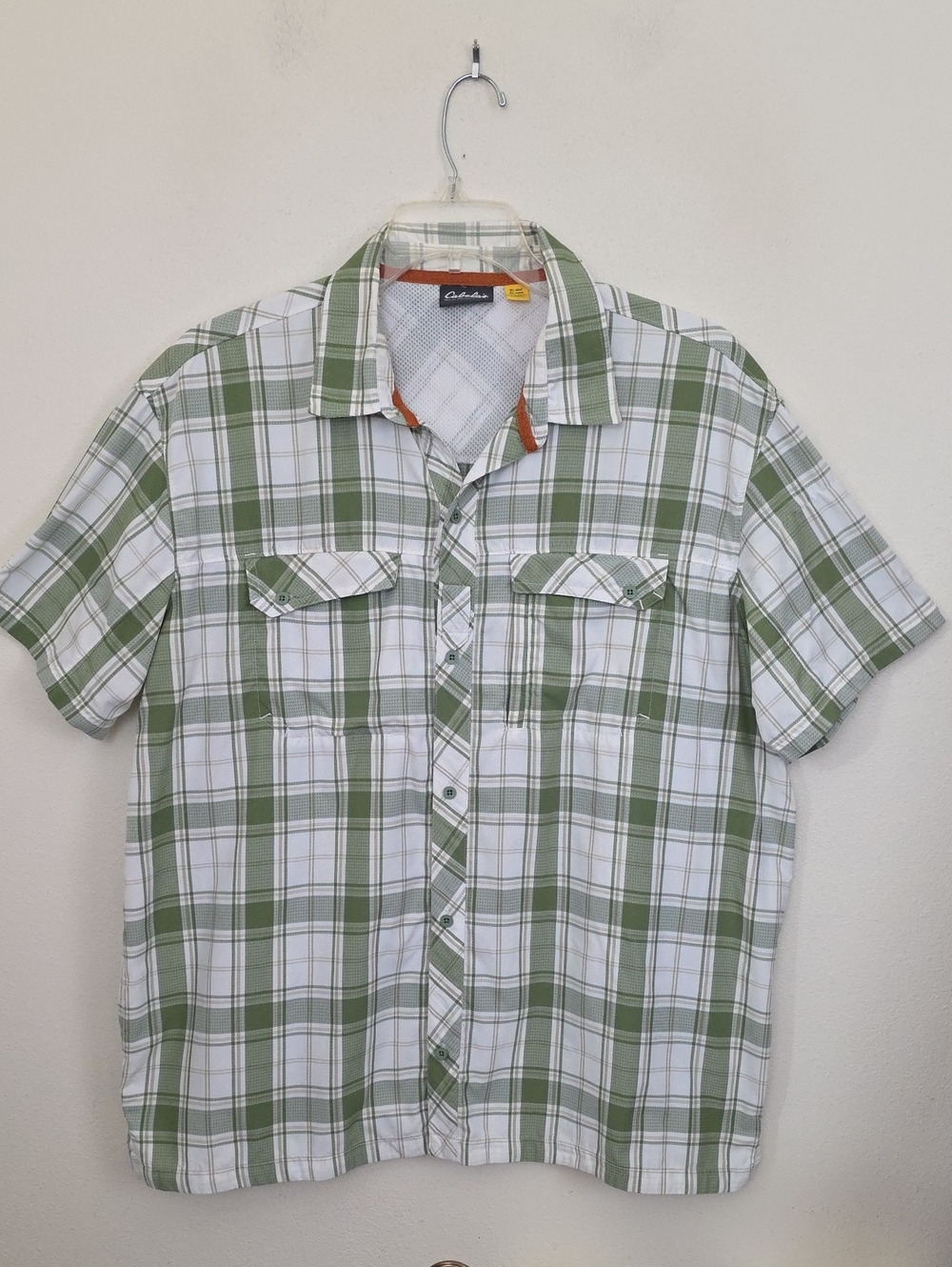 Cabela's Green & White Plaid Short Sleeve Nylon Shirt Mens XL